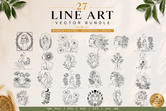 Download 27 Women Floral Line Art Bundle - Art Collection