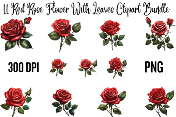 Download Red Rose Flower with Leaves Clipart Bund - Art Collection
